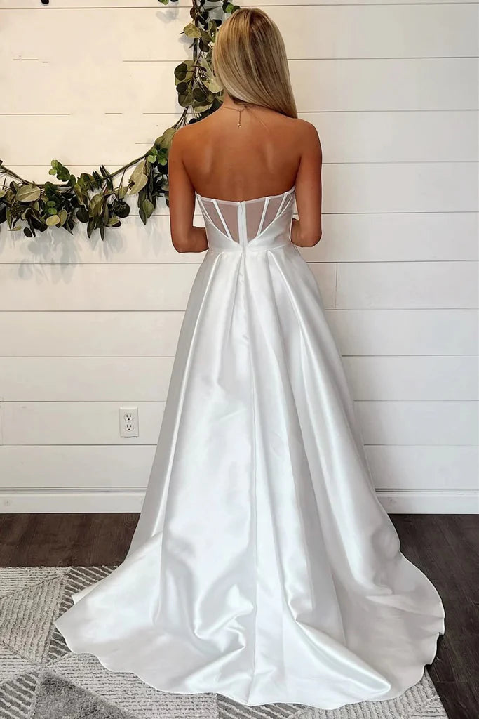 Elegant White Strapless Pleats A-Line Side Slit Long Wedding Dresses,WD41