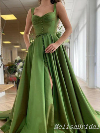 Sexy Unique Green Front Slit A-line Evening Gown Long Prom Dresses with Pleats,MB274