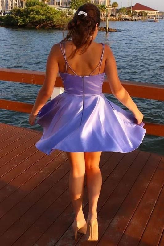 Elegant Purple V Neck Spaghetti Straps A-Line Cheap Simple Short Homecoming Dresses, HD105