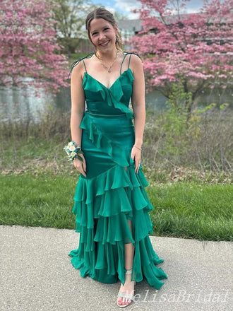 Green Spaghetti Straps Layer Sheath V Neck Evening Gown Maxi Long Evening Party Prom Dresses,MB702