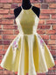 Sexy Yellow A-Line Halter Flower Appliques Graduation Party Lace Up Back Homecoming Dresses With Ruffles, HD331