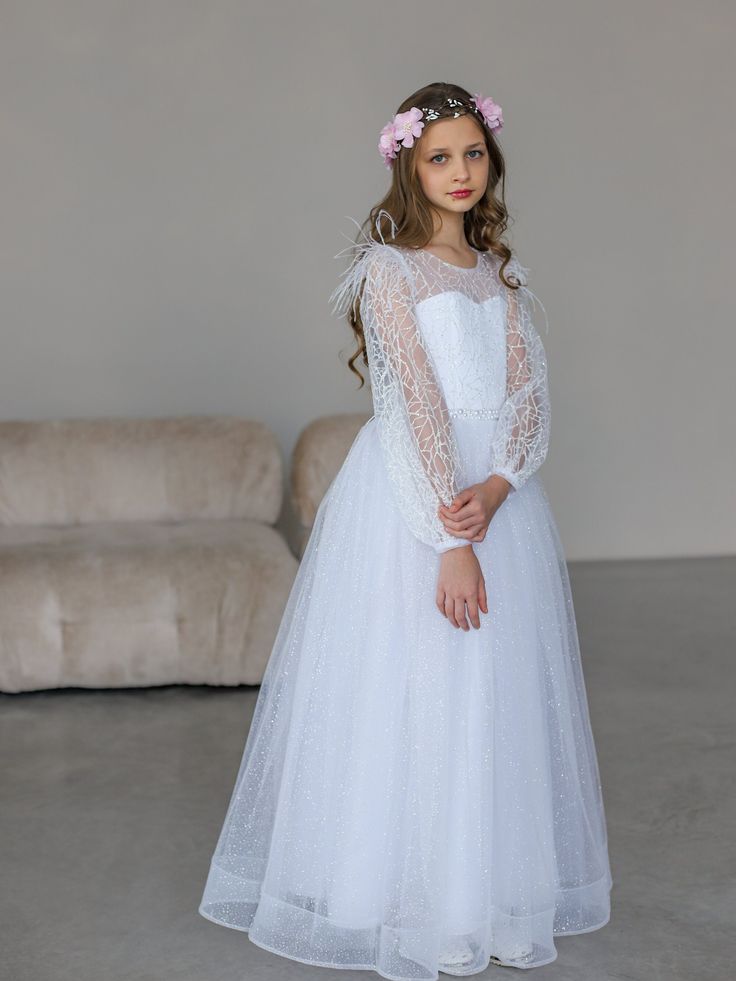 Elegant White Tulle Lace Appliques Beading A-Line Cheap Simple Long Flower Girl Dresses,FG50