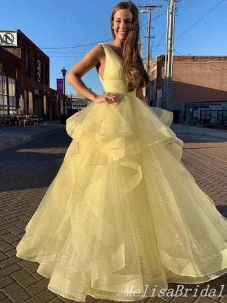 Light Yellow Layer A-Line V-Neck Fluffy Evening Ball Gown Maxi Long Formal Dresses Prom Dresses,MB575