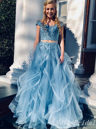 Elegant Gorgeous Blue Two Pieces Tulle Lace Appliques Simple A-Line Evening Gown Long Formal Dresses Prom Dresses ,MB393