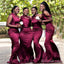 Elegant Dark Red Mermaid Long Unique Cheap Soft Satin Bridesmaid Dresses ,BD84