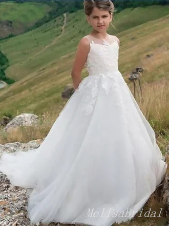 Elegant White Lace Appliques Tulle A- Line Cheap Long Flower Girl Dresses ,FG30