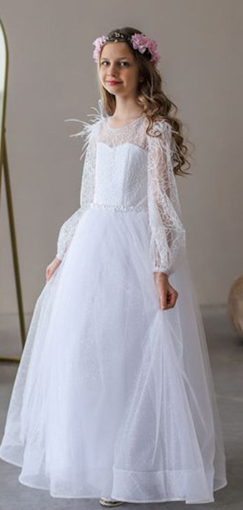 Elegant White Tulle Lace Appliques Beading A-Line Cheap Simple Long Flower Girl Dresses,FG50