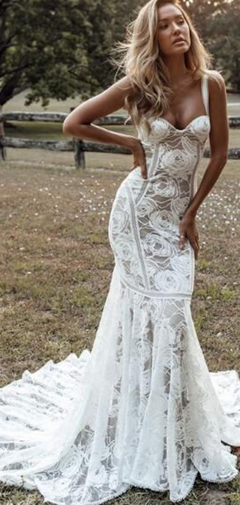 Elegant White Spaghetti Straps Tulle Lace Appliques A-Line Long Cheap Wedding Dresses,WD66