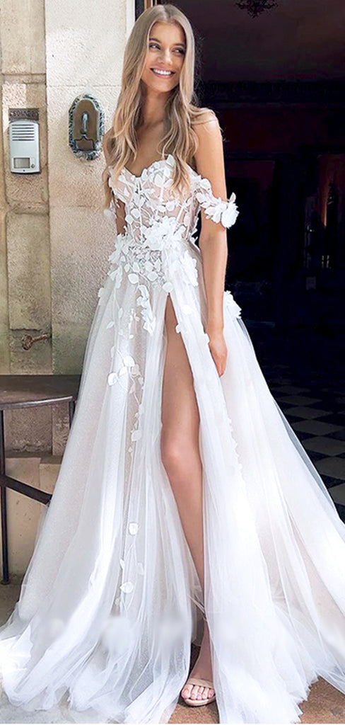 Sexy White Off Shoulder Appliques Side Slit Lace Long Wedding Dresses,WD36