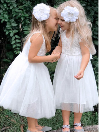 Cute White Tulle Spaghetti Straps A- Line Lace Cheap Flower Girl Dresses ,FG14