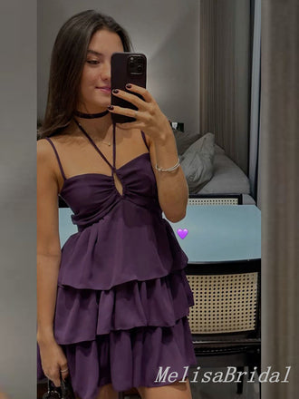 Sexy Purple Halter Spaghetti Straps A-line Tiered Short Party Dress Short Homecoming Dress, HD480
