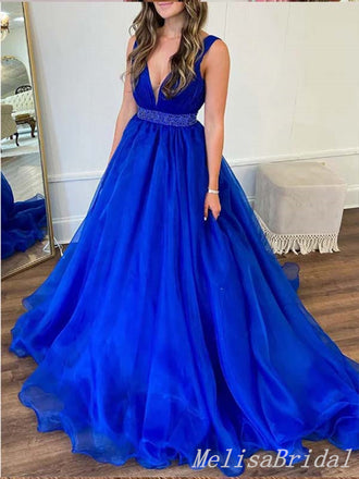Charming Blue Plunging Beading A-line Evening Gown Long Prom Dresses,MB290