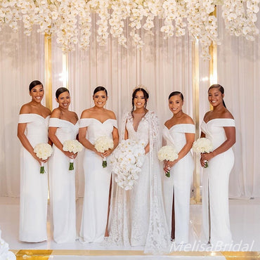 Elegant White Off Shoulder Soft Satin Side Slit Mermaid Long Cheap Bridesmaid Dresses ,BD64