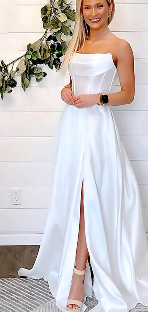 Elegant White Strapless Pleats A-Line Side Slit Long Wedding Dresses,WD41