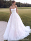 Elegant White Strapless A Line Tulle Appliques Lace Long Wedding Dresses, WD32