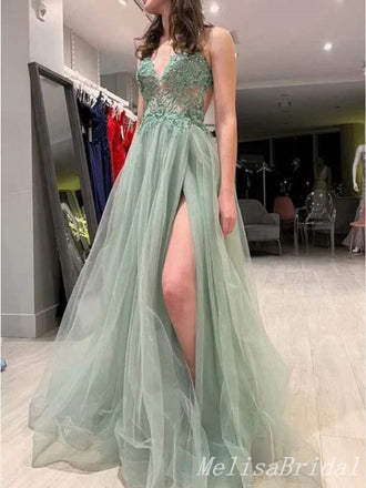 Sexy Plunging Light Green High Slit Tulle A-line Open Back Evening Gown Long Prom Dresses,MB309