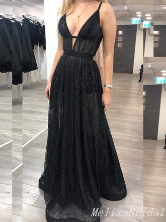 Charming Black Sexy Plunging Deep V-neck A-line Lace Appliques Evening Gown Long Prom Dresses,MB330