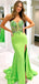 Sexy Green Spaghetti Straps Beading Sequin Illusion Side Slit Mermaid Long Evening Prom Dresses,MB104