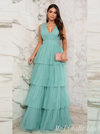 Green Plunging A-line Layer Evening Gown Maxi Long Evening Party Prom Dresses ,MB765