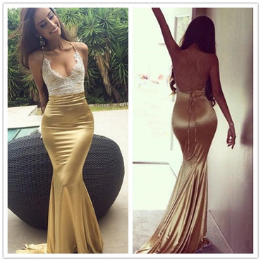 Sexy Appliques Lace Up Back Gold Mermaid Spaghetti Straps Long Evening Gown Prom Dresses ,MB203