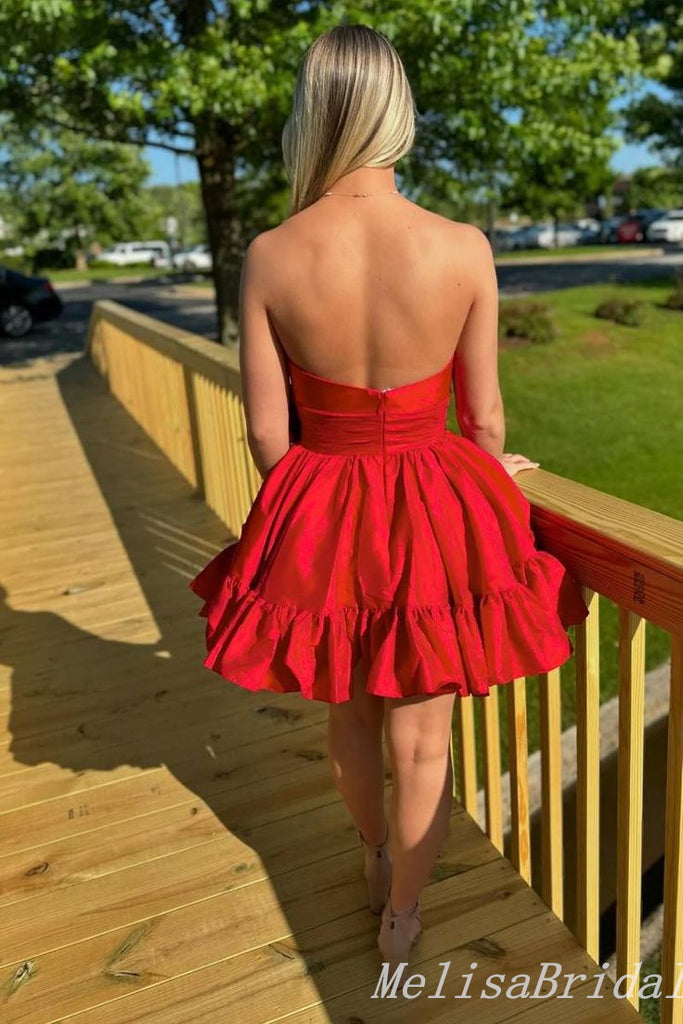 Sexy Red Strapless Bow Knot A-Line Graduation Party Homecoming Dresses With Ruffles, HD354