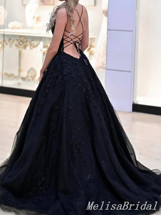 Gorgeous Plunging Black Lace Appliques Lace Up Back A-line Evening Gown Long Prom Dresses,MB291