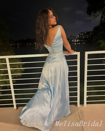Sexy Light Blue V Neck A-line Long Prom Dresses Party Dresses to Impress with Front Slit,MB904
