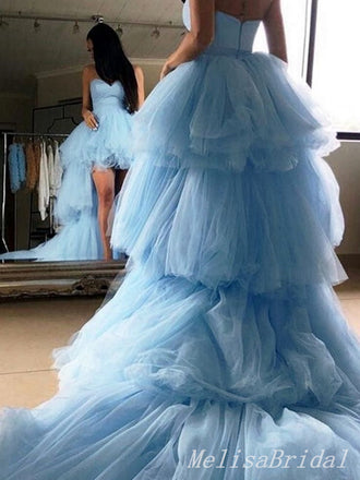 Sexy Elegant Strapless High Low Sweetheart Blue Tulle Evening Gown Long Prom Dresses with Trailing  ,MB262