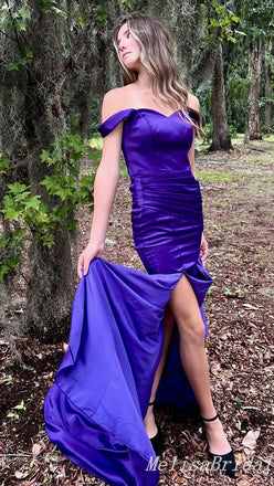 Purple Off Shoulder Sheath Evening Gown Maxi Long Evening Party Prom Dresses with Side Slit,MB737