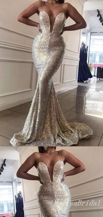 Sexy Sparkle Plunging Mermaid Spaghetti Straps Evening Gown Long Formal Dresses Prom Dresses ,MB347