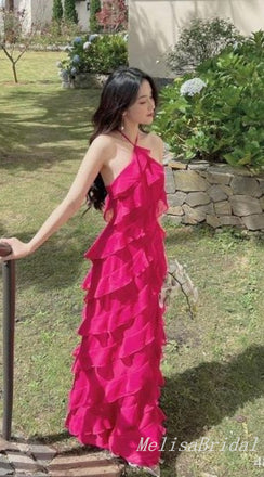 Elegant Pink Chiffon Halter Tiered  A-line Long Prom Dresses to Impress ,MB939