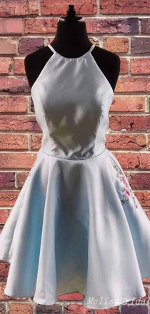 Elegant Blue A-Line Halter Flower Appliques Graduation Party Lace Up Back Homecoming Dresses With Ruffles, HD332