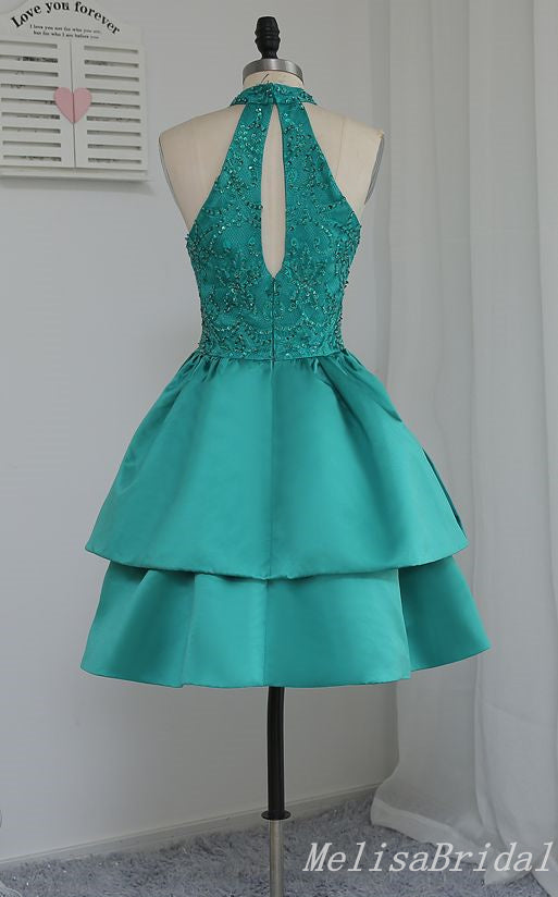 Green Halter Layer Sleeveless A-Line Graduation Party Short Homecoming Dresses, HD427