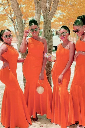 One Shoulder Mermaid Orange Long Bridesmaid Dresses ,BD263