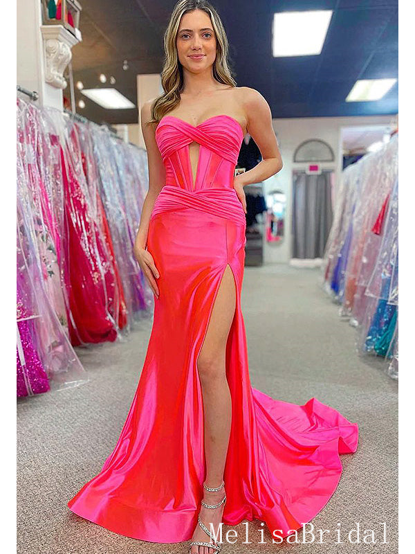 Elegant Unique Pink Strapless Pleats Mermaid Long Prom Dresses,MB50