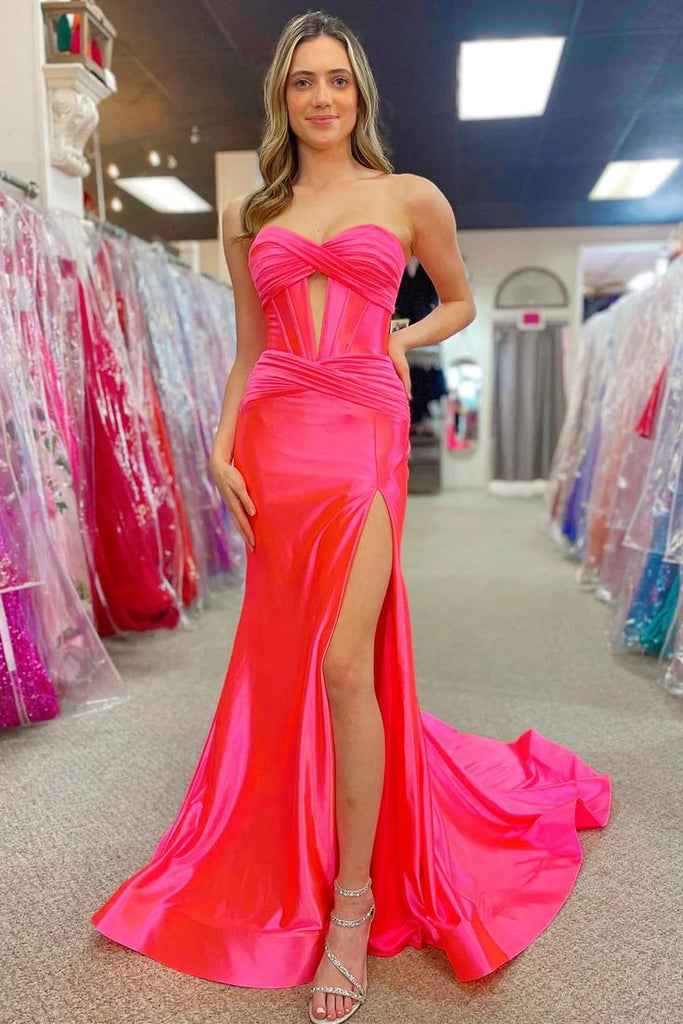 Elegant Unique Pink Strapless Pleats Mermaid Long Prom Dresses,MB50