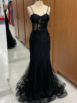 Black Lace 3D Flower Appliques Spaghetti Straps Mermaid Long Prom Dresses to Impress ,MB917