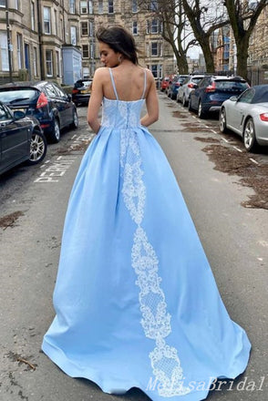 Sky Blue Spaghetti Straps Sweetheart Lace Appliques A-Line Evening Gown Maxi Long Evening Party Prom Dresses With Trailing ,MB595