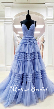 Blue A-Line Plunging Layer Evening Ball Gown Maxi Long Evening Party Prom Dresses,MB665