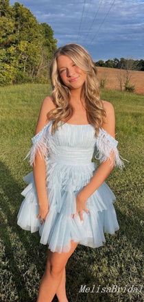 Elegant Off-The-Shoulder Light Blue Layer A-Line Graduation Party Homecoming Dresses , HD351