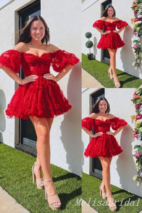 Red A-line Strapless Lace Appliques Sweetheart Graduation Party Short Homecoming Dresses, HD475