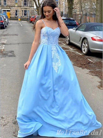 Sky Blue Spaghetti Straps Sweetheart Lace Appliques A-Line Evening Gown Maxi Long Evening Party Prom Dresses With Trailing ,MB595