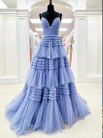 Blue A-Line Plunging Layer Evening Ball Gown Maxi Long Evening Party Prom Dresses,MB665