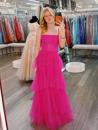 Pink Straight Neck Spaghetti Straps A-line Long Prom Dresses to Impress ,MB918