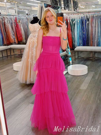 Pink Straight Neck Spaghetti Straps A-line Long Prom Dresses to Impress ,MB918