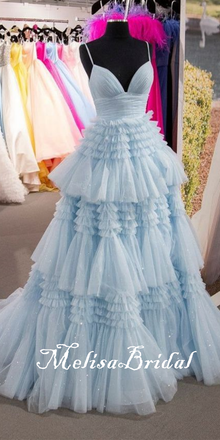 Light Blue A-Line Plunging Layer Evening Ball Gown Maxi Long Evening Party Prom Dresses,MB666