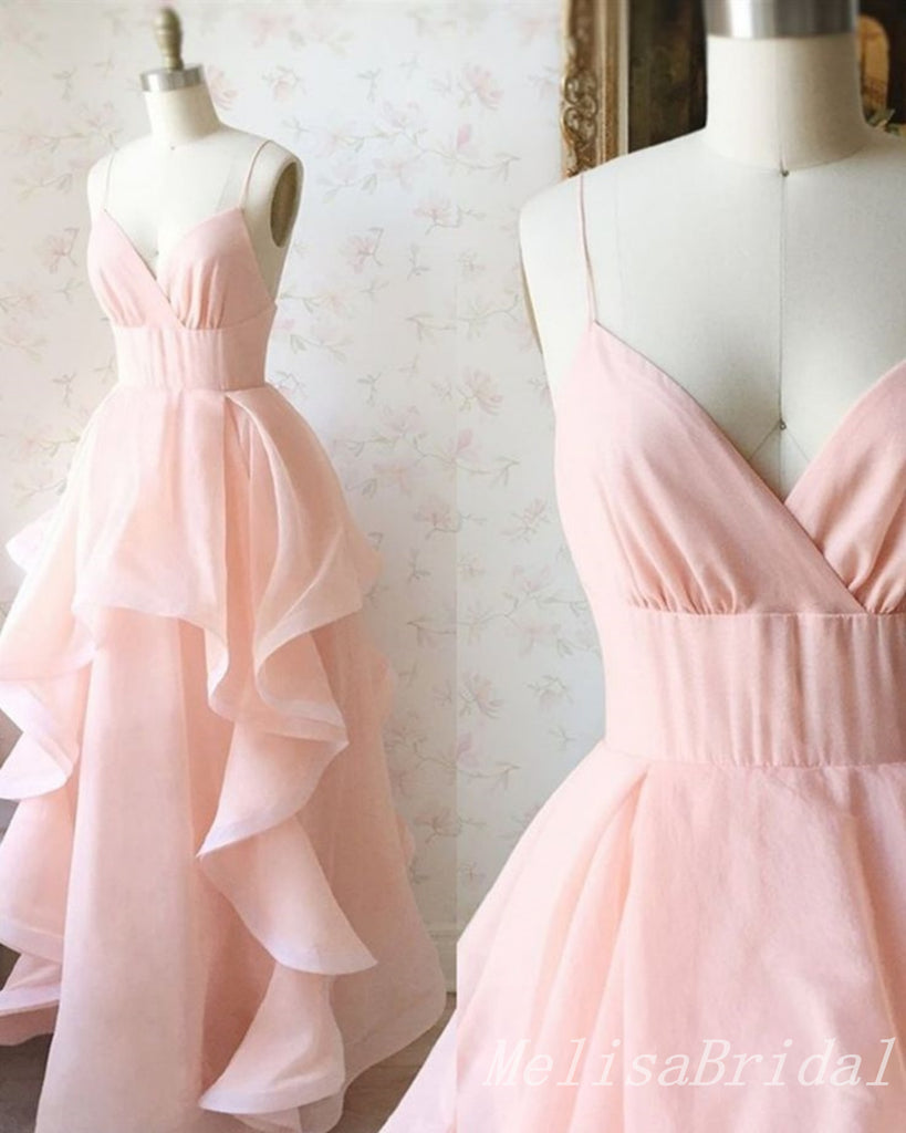 Light Pink Spaghetti Straps V Neck A-line Evening Gown Long Evening Party Prom Dresses,MB845