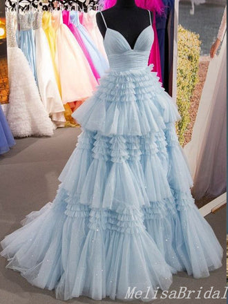 Light Blue A-Line Plunging Layer Evening Ball Gown Maxi Long Evening Party Prom Dresses,MB666