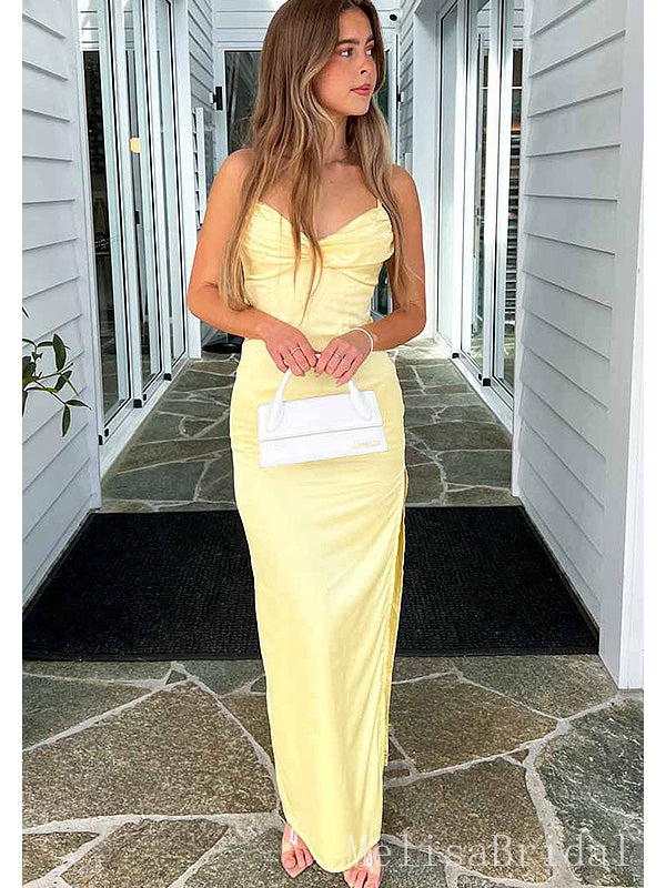 Elegant Yellow Spaghetti Strap Side Slit V Neck Pleats Mermaid Prom Dresses,MB52