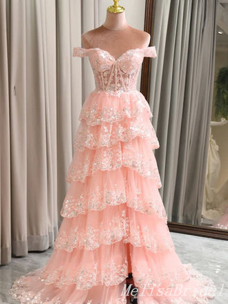 Off SHoulder Sweetheart Tiered A-line Long Prom Dresses to Impress ,MB919